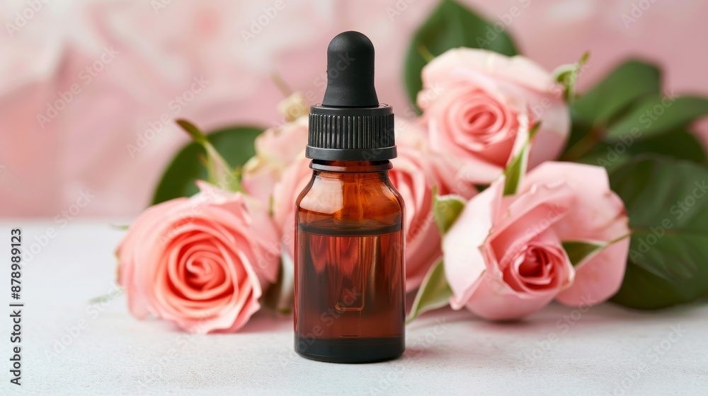 Rose essential oil sample displayed with fresh roses, warm natural light, creating a calming and inviting atmosphere Rose essential oil sample displayed with fresh roses, warm natural light, creating a calming and inviting atmosphere