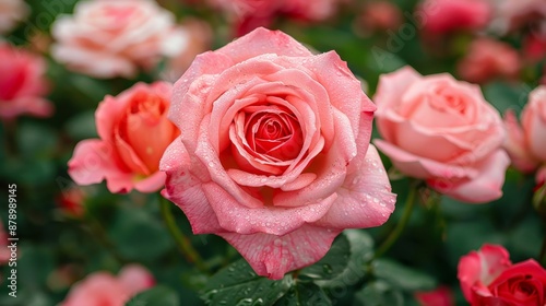 Rose garden in full bloom, various shades of pink and red roses, a romantic and fragrant atmosphere, dewdrops glistening in the morning light