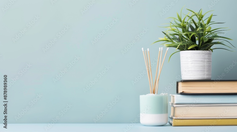 Scented wax sticks in a chic minimalist holder, surrounded by books and plants, a perfect blend of aesthetics and aroma Scented wax sticks in a chic minimalist holder, surrounded by books and plants, a perfect blend of aesthetics and aroma