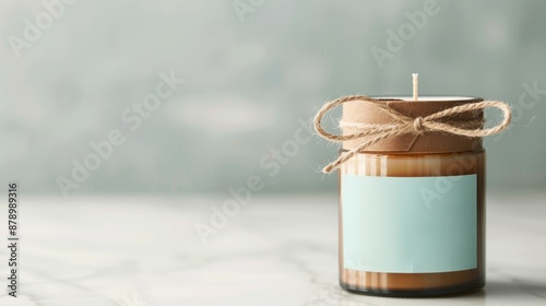 Scented candle jar, wrapped in bespoke packaging, set on a marble countertop with a backdrop of softly lit, ambient space