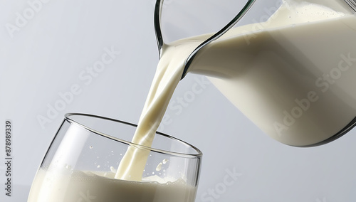 milk being poured into a glass from a jug. The milk should cascade smoothly, forming a graceful arc as it flows from the jug's spout into the glass