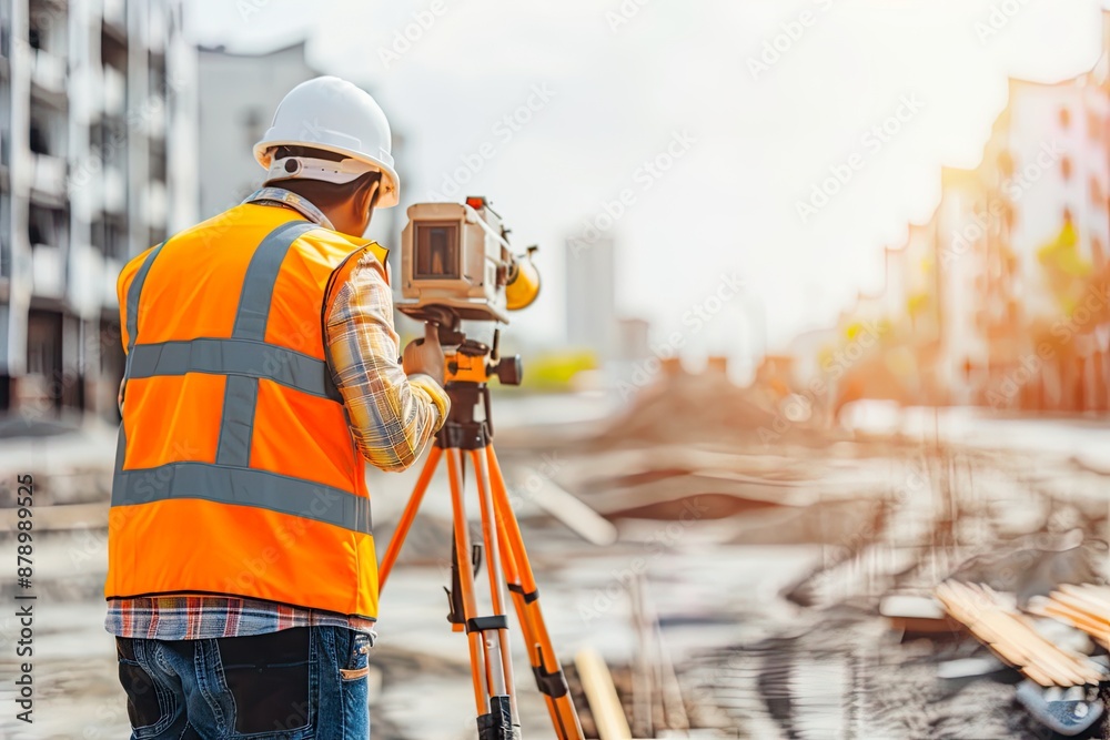 Construction worker using a surveying instrument. Construction worker using a surveying instrument.