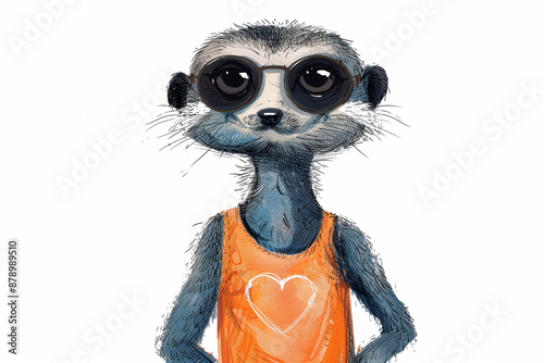 Funny meerkat with blue scooters on white background. Children's drawing.