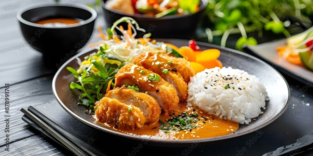 Japanese Curry Katsu A Delightful Breaded Meat Dish with Rice and Vegetables. Concept Japanese Cuisine, Breaded Meat, Asian Food, Rice Dishes, Delicious Vegetables Japanese Curry Katsu A Delightful Breaded Meat Dish with Rice and Vegetables. Concept Japanese Cuisine, Breaded Meat, Asian Food, Rice Dishes, Delicious Vegetables