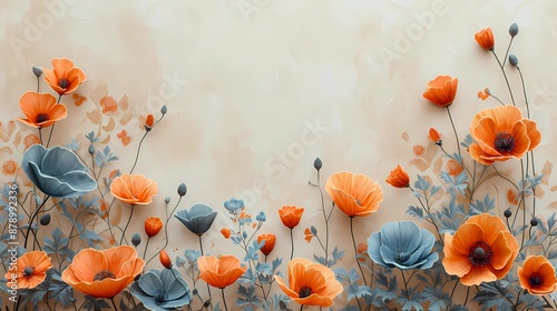 Orange and Blue Poppies on a Beige Background.