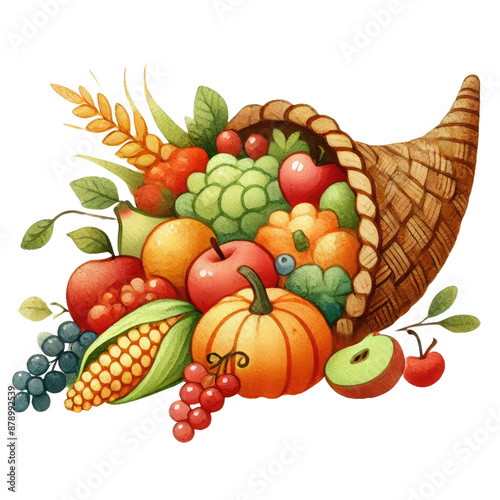 Watercolor illustration of a cornucopia filled with various fruits and vegetables the image has an autumn harvest theme perfect for seasonal decorations