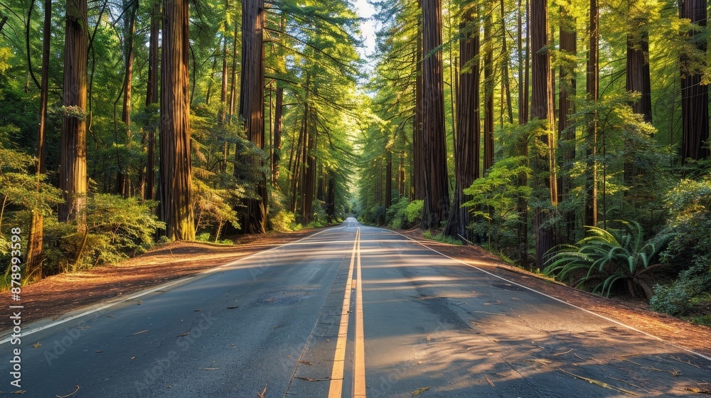 Fototapeta premium A scenic road through a national park, surrounded by towering redwoods and lush greenery, ideal for nature lovers.