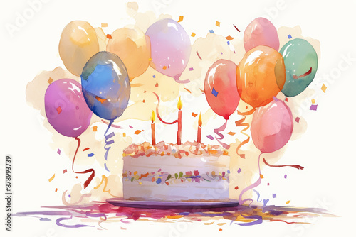 Colorful Birthday Cake with Lit Candles and Balloons in Festive Celebration