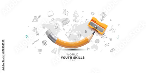 Pencil with sharpener and Educational background for world youth skills day theme.