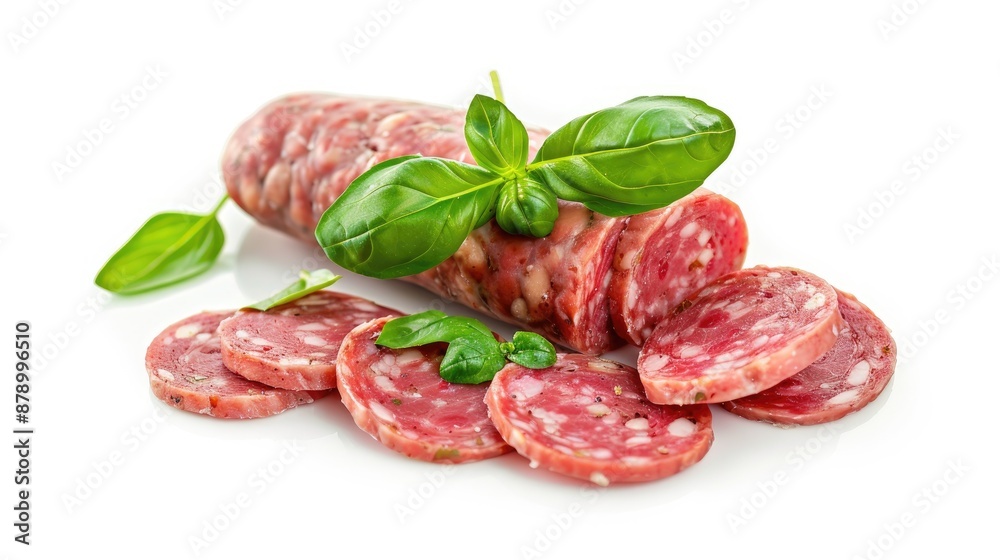 Sliced sausage servelat with basil on white background Sliced sausage servelat with basil on white background