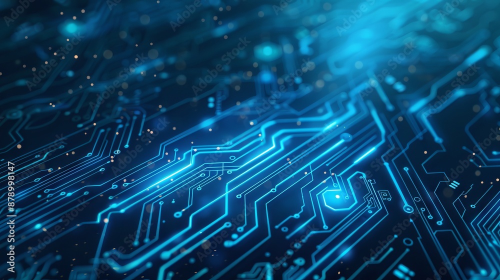 Glowing light blue neon AI chip with thin circuit contact lines. AI chip on technology background. Abstract digital tech background in monochrome blue. Semiconductor on a board. Glowing light blue neon AI chip with thin circuit contact lines. AI chip on technology background. Abstract digital tech background in monochrome blue. Semiconductor on a board.