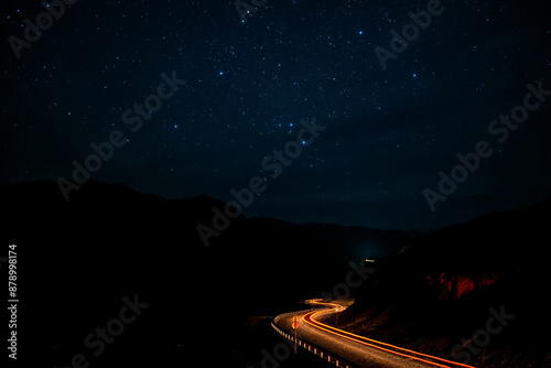 road mountains stars tracks night backlight