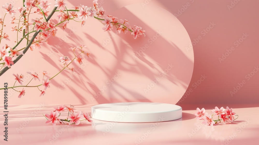 White round podium on pink coral background with flower accent for beauty product design White round podium on pink coral background with flower accent for beauty product design