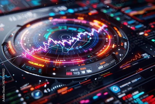 Wallpaper Mural Futuristic digital financial stock market data displayed in a vibrant and colorful visual interface showing market trends and analytics. Torontodigital.ca