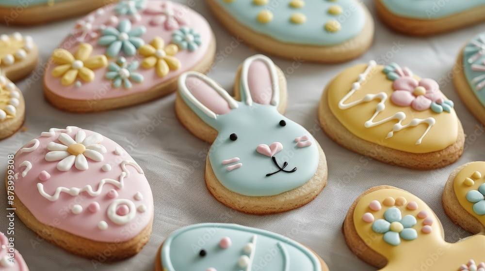 A set of Easter-themed cookies decorated with pastel icing, featuring shapes like eggs, bunnies, and flowers. A set of Easter-themed cookies decorated with pastel icing, featuring shapes like eggs, bunnies, and flowers.