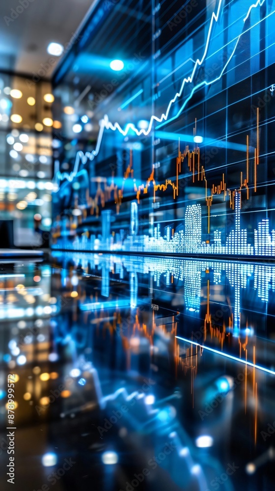 Financial stock market graph and chart, representing global business growth and economic trends in a modern city office environment. Financial stock market graph and chart, representing global business growth and economic trends in a modern city office environment.