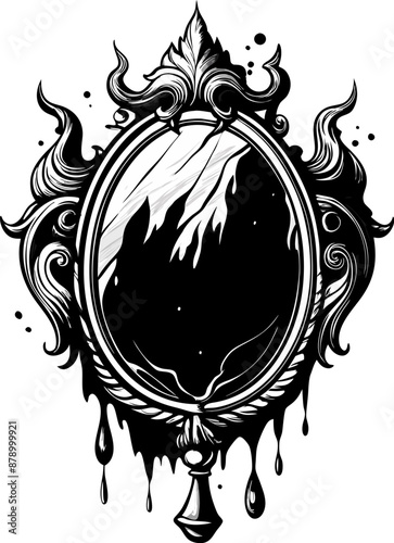 Gothic Ornate Mirror with Dripping Ink Design in Black and White Illustration