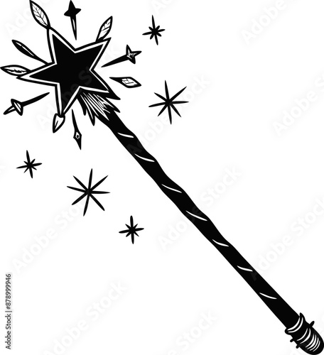 Magical Star Wand Black and White Illustration of a Fairy Tale Fantasy Object