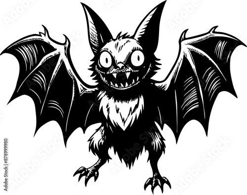Black and White Cartoon Bat Illustration with Outstretched Wings