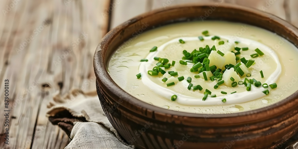 Rustic bowl of creamy potato soup topped with chives and cheese. Concept Creamy Potato Soup, Rustic Bowl, Chives, Cheese, Comfort Food Rustic bowl of creamy potato soup topped with chives and cheese. Concept Creamy Potato Soup, Rustic Bowl, Chives, Cheese, Comfort Food