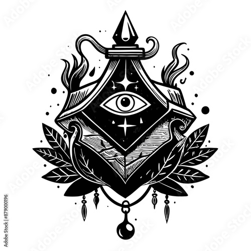 Mystical Eye Emblem with Geometric Shapes and Floral Elements in Black and White Illustration