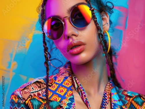 portrait of young teen LGBTQ women with colorful rainbow color theme, fashionable hair style, wearing round chrome vibrant reflect sunglasses, patterned jacket