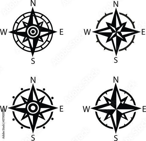 Compass flat icons Set. Monochrome navigational compass with cardinal direction of North, East, South, West. Nautical wind rose fill icon. Geographical position, cartography on transparent background.