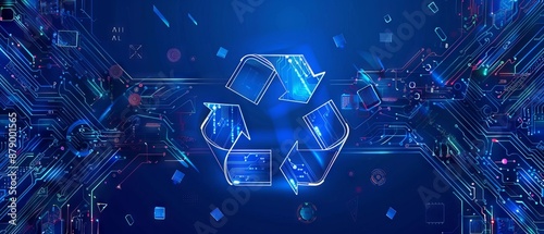 AI chip and two recycle digital arrows. Abstract digital AI processor in low poly wireframe with neon blue lights effects. Technology background. Artificial Intelligence concept. 