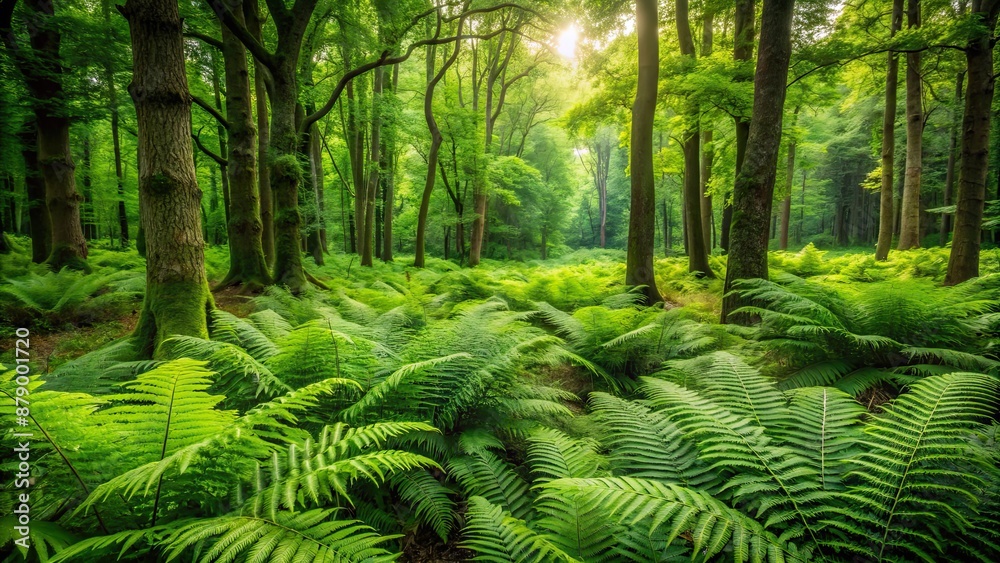 Lush green ferns in a serene forest setting, Nature, leafy, green, botany, foliage, plants, woodland, peaceful, tranquil Lush green ferns in a serene forest setting, Nature, leafy, green, botany, foliage, plants, woodland, peaceful, tranquil