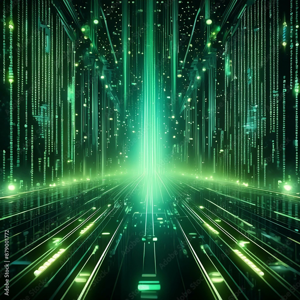 An abstract representation of a digital matrix with cascading numbers and symbols, reminiscent of the Matrix movie, on a black and green background An abstract representation of a digital matrix with cascading numbers and symbols, reminiscent of the Matrix movie, on a black and green background