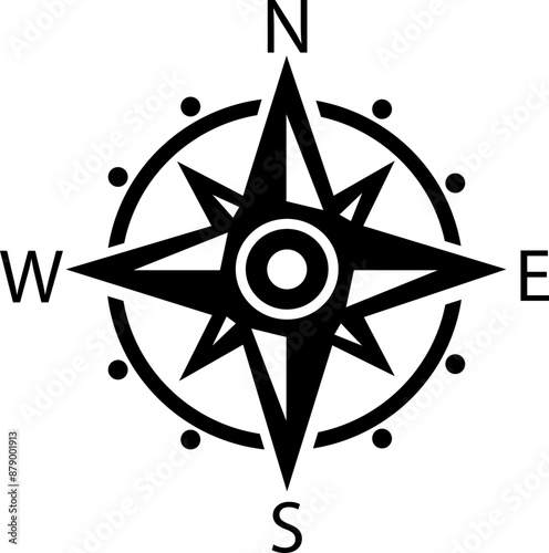 Compass flat icon. Monochrome navigational compass with cardinal directions of North, East, South, West. Nautical wind rose fill icon. Geographical position, cartography on transparent background.