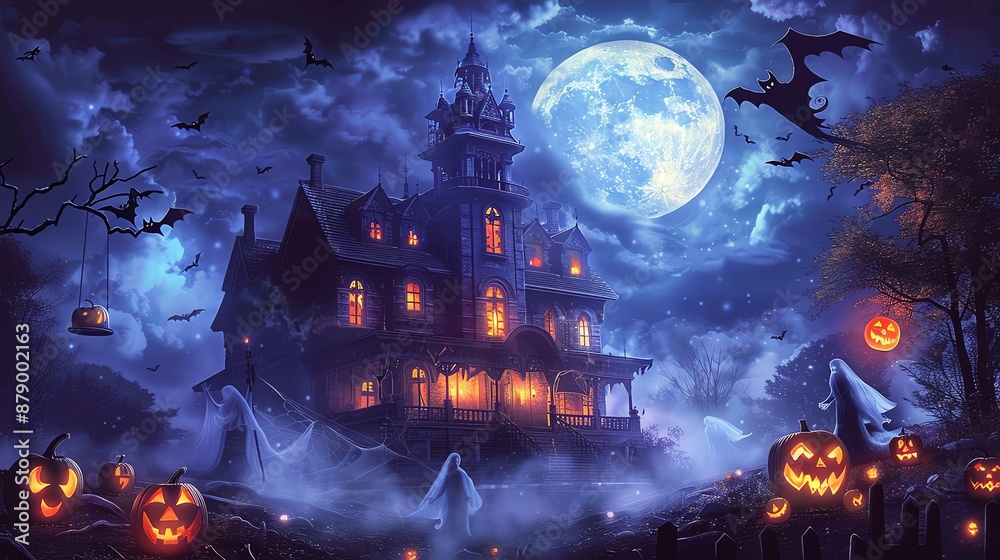 Obraz premium Spooky Halloween scene with a haunted house surrounded by fog, ghosts, bats, and jackolanterns under a full moon in a dark, cloudy sky