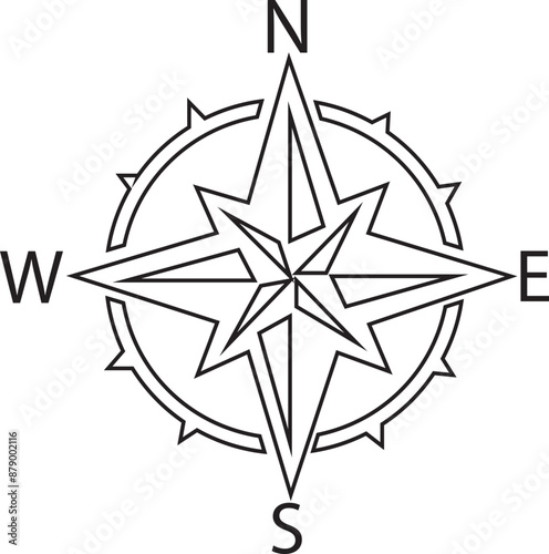 Compass Outline icon. Monochrome navigational compass with cardinal directions of North, East, South, West. Nautical wind rose line icon. Geographical position, cartography on transparent background.