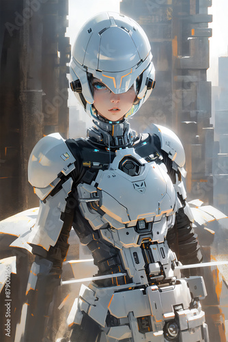 beautiful girl wearing futuristic armor standing in a destroyed urban environment