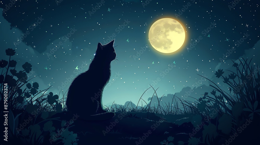 Cat and moonlight, mystical night, flat design illustration