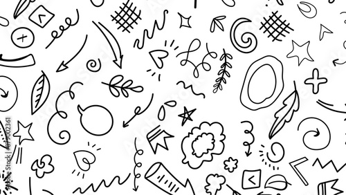 Collection of hand drawn black charcoal doodle shapes and squiggles in childish girly style. Pencil drawings isolated on white.