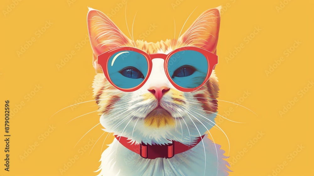 Fototapeta premium Cat wearing sunglasses, summer fun, flat design illustration