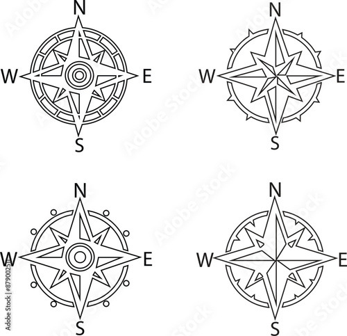 Compass Outline icons Set. Monochrome navigational compass with cardinal directions of North, East, South, West. Nautical line wind rose. Geographical position, cartography on transparent background.