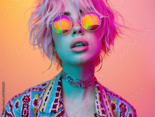 portrait of young teen LGBTQ women with colorful rainbow color theme, fashionable hair style, wearing round chrome vibrant reflect sunglasses, patterned jacket