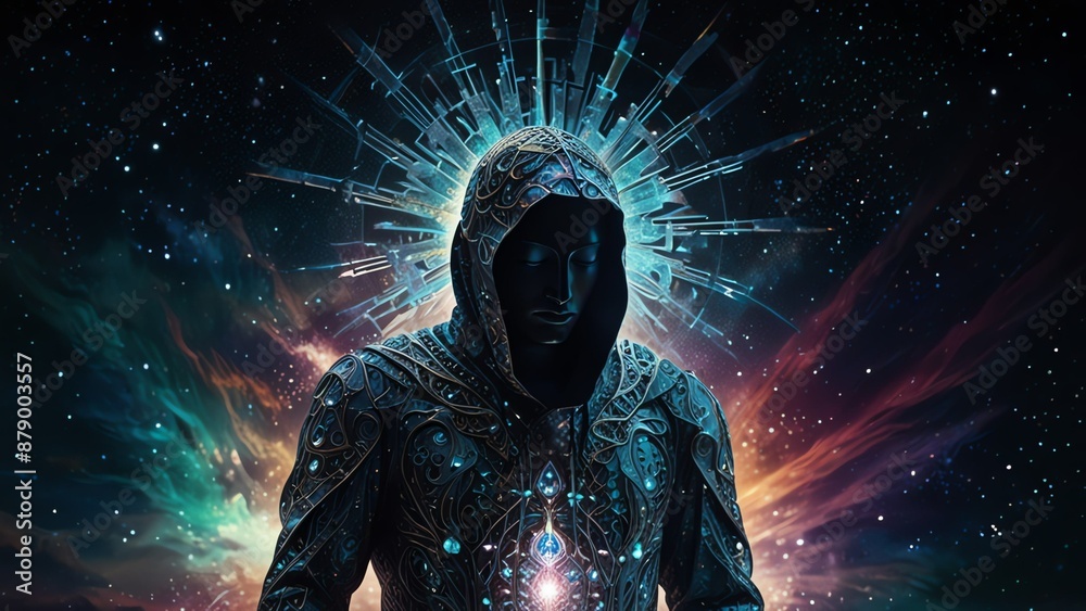 Fototapeta premium An ethereal dream-like figure, its form shimmering with opalescent hues and sparkling bg