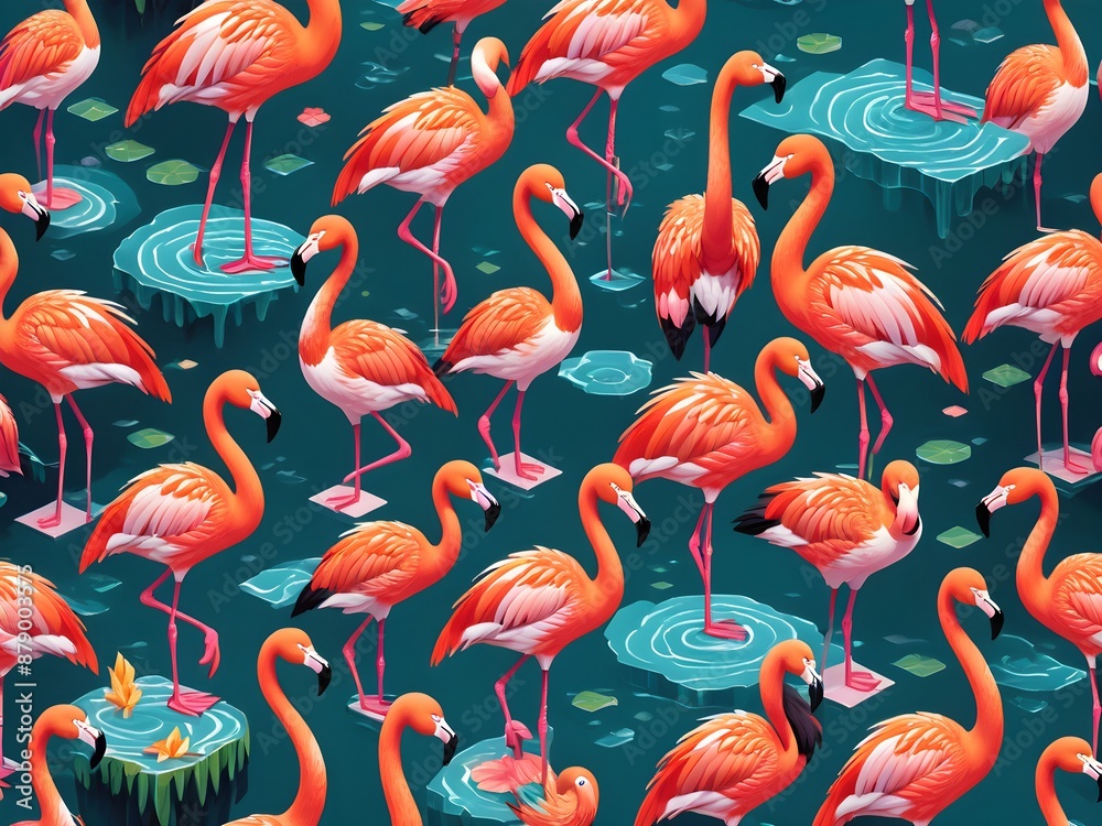 Obraz premium Generative AI. Beautiful tropical vector seamless pattern background with coconut palm trees, flamingo, hibiscus. Isolated on white background. The Summer beach surfing illustration.