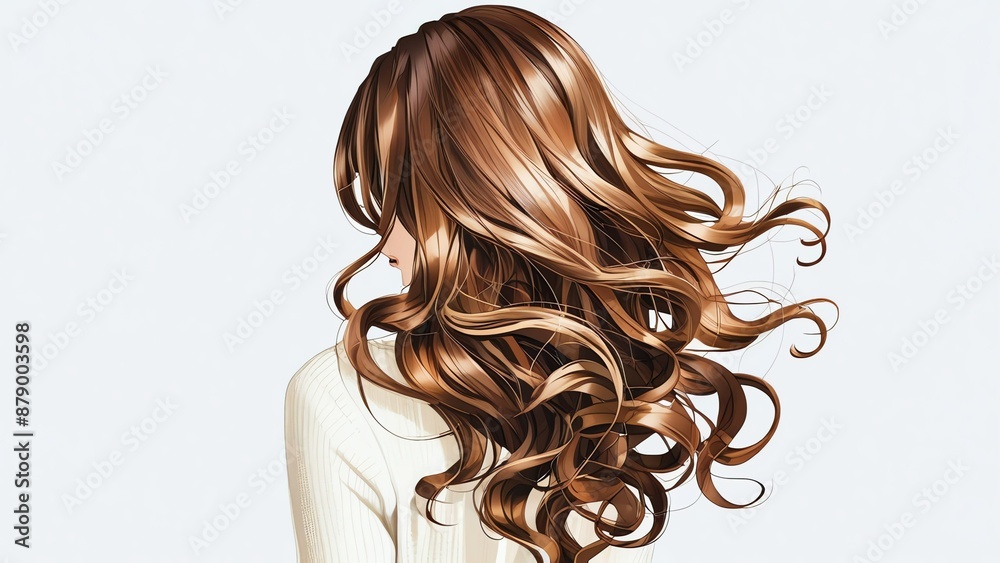 Back view of beautiful long shiny curly hair of a woman on plain white background, bg Back view of beautiful long shiny curly hair of a woman on plain white background, bg