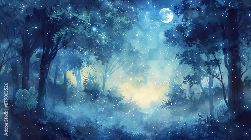 Mystical forest under a canopy of sparkling stars, dreamlike watercolor scenery bathed in moonlight © BURIN93