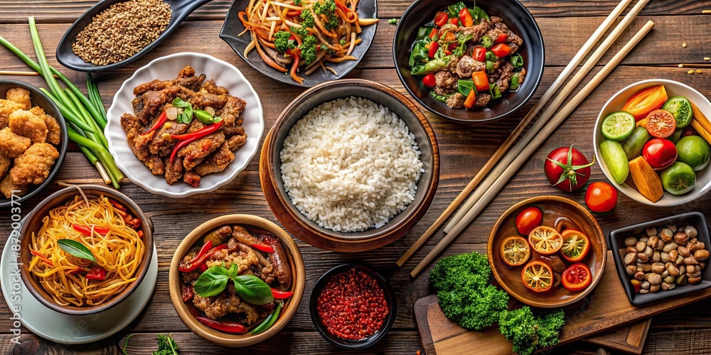 Traditional Chinese cuisine featuring a variety of rice, noodles, stir-fried meat, and colorful vegetables, Chinese food