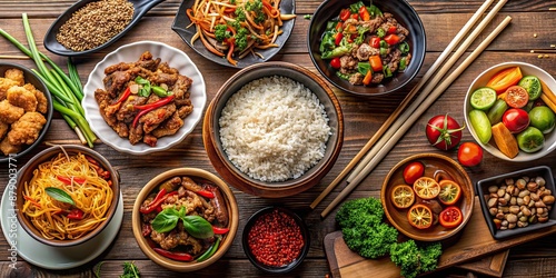 Traditional Chinese cuisine featuring a variety of rice, noodles, stir-fried meat, and colorful vegetables, Chinese food
