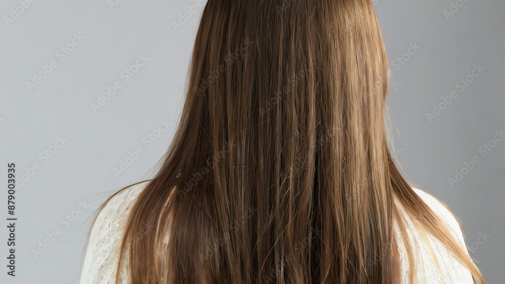 Back view of beautiful long shiny straight hair of a woman on plain white bg Back view of beautiful long shiny straight hair of a woman on plain white bg