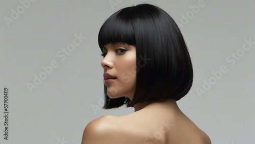 Black long shinny hair Bob cut of a woman on plain white bg