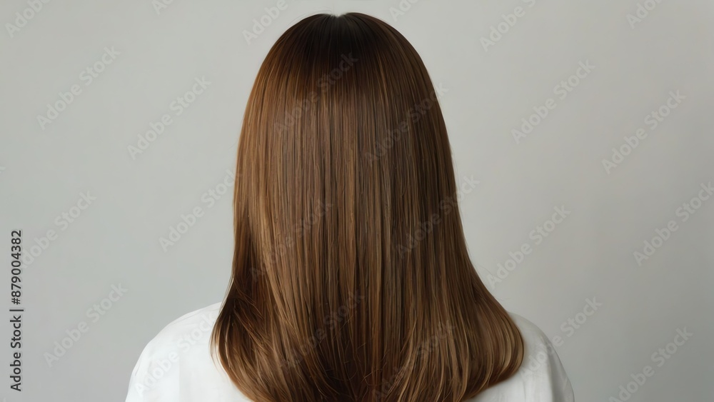 Naklejka premium Brown shinny long V haircut of a woman on plain white bg