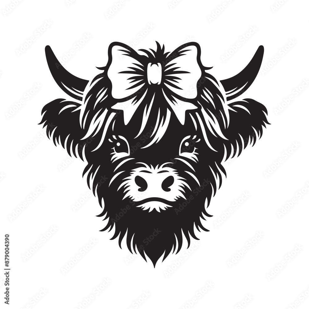 Highland cow illustration, cute cartoon highland cow black on a white background Highland cow illustration, cute cartoon highland cow black on a white background