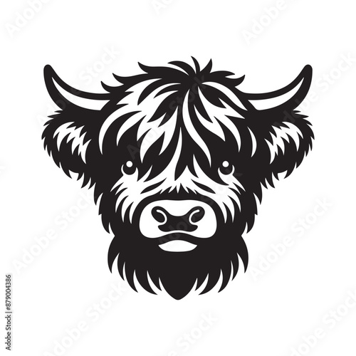 Highland cow illustration, cute cartoon highland cow black on a white background 